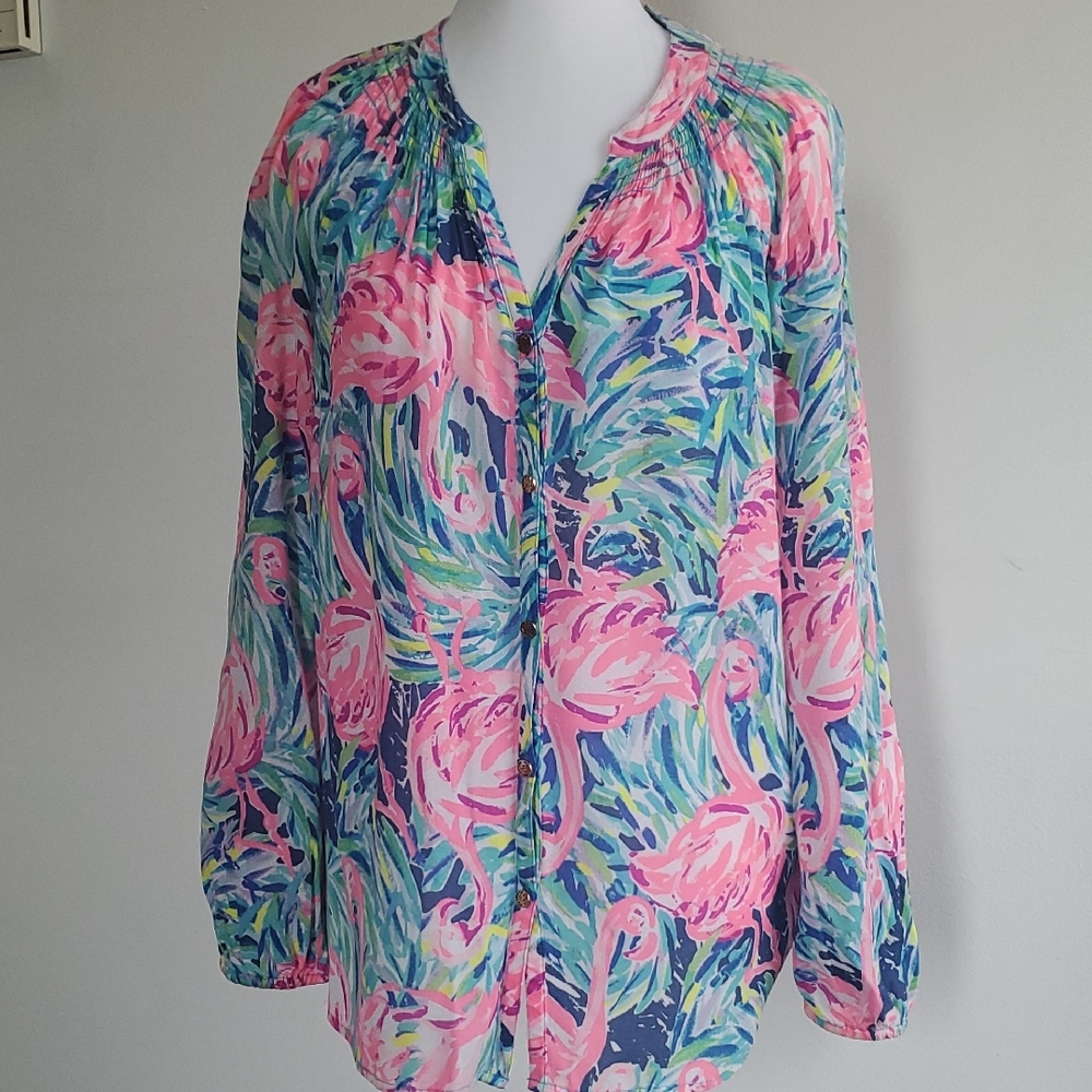 Lilly Pulitzer Relaxed Pink and Blue Pleated Blouse - Picture 4 of 4